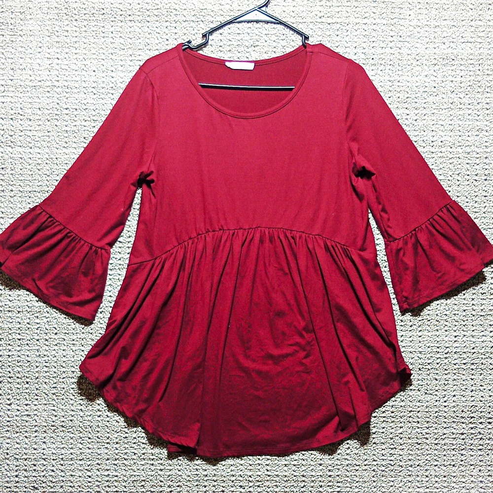 Reborn J Women's Burgundy Solid Round Neck 3/4 Bell Sleeve Ruffle Size L, VinD11